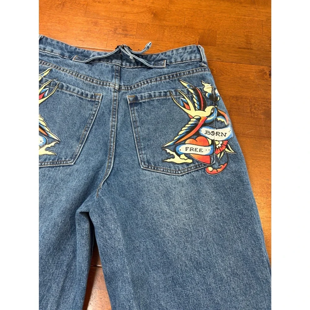 Vintage Ed Hardy Wide Leg Jeans Mens 30 Blue Graphic Tattoo Baggy Denim Y2K